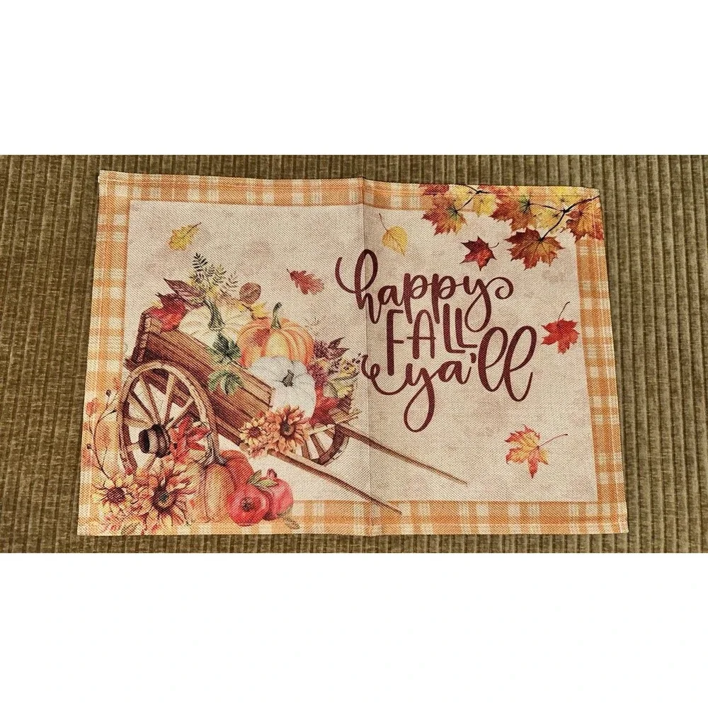Set Of 6 Harvest Themed Fall Autumn Placemats Leaf Foliage Gingham Check